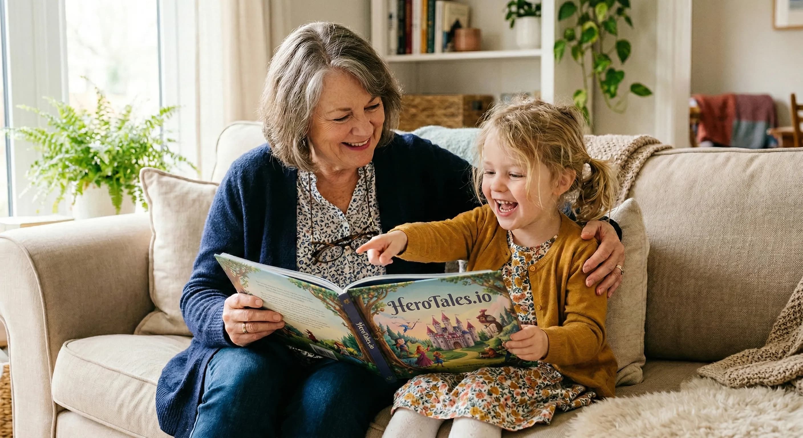 A grandmother and child reading a book together